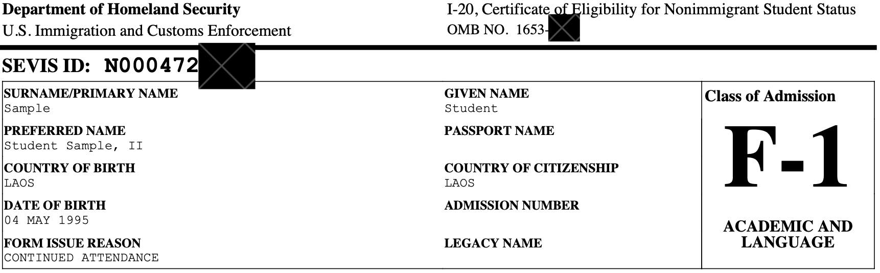 Visa F-1 i20 Financial Sevis nummer