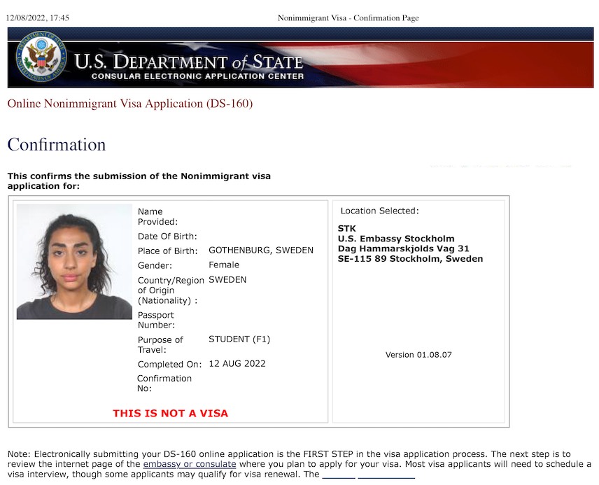 Prolonger le visa F-1 Page de confirmation DS-160